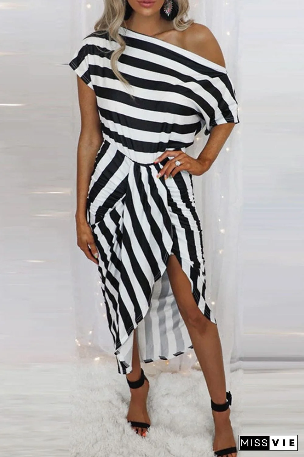 Fashion Street Striped Off the Shoulder Irregular Dresses