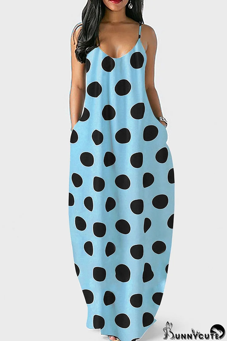 Sky Blue Sexy Casual Dot Print Backless Spaghetti Strap Long Dress