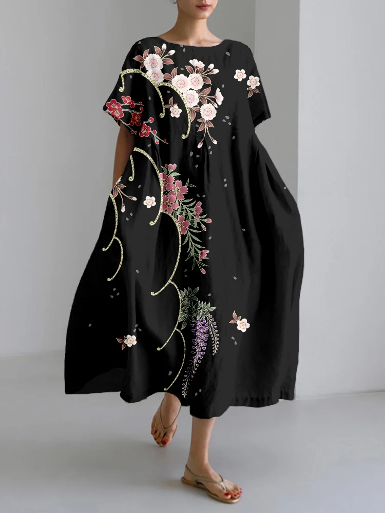 Japanese Cherry Blossoms Art Linen Blend Maxi Dress