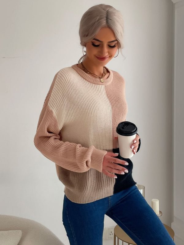 Women Long Sleeve Scoop Neck Knit Stitching Women Sweaters