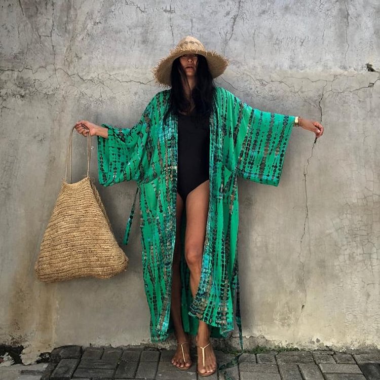 Green Printed Cardigan Beach Cover Up