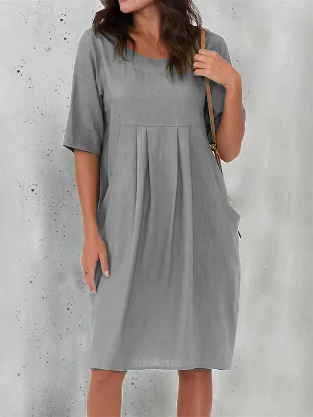 Women Short Sleeve Scoop Neck Solid Midi Dress