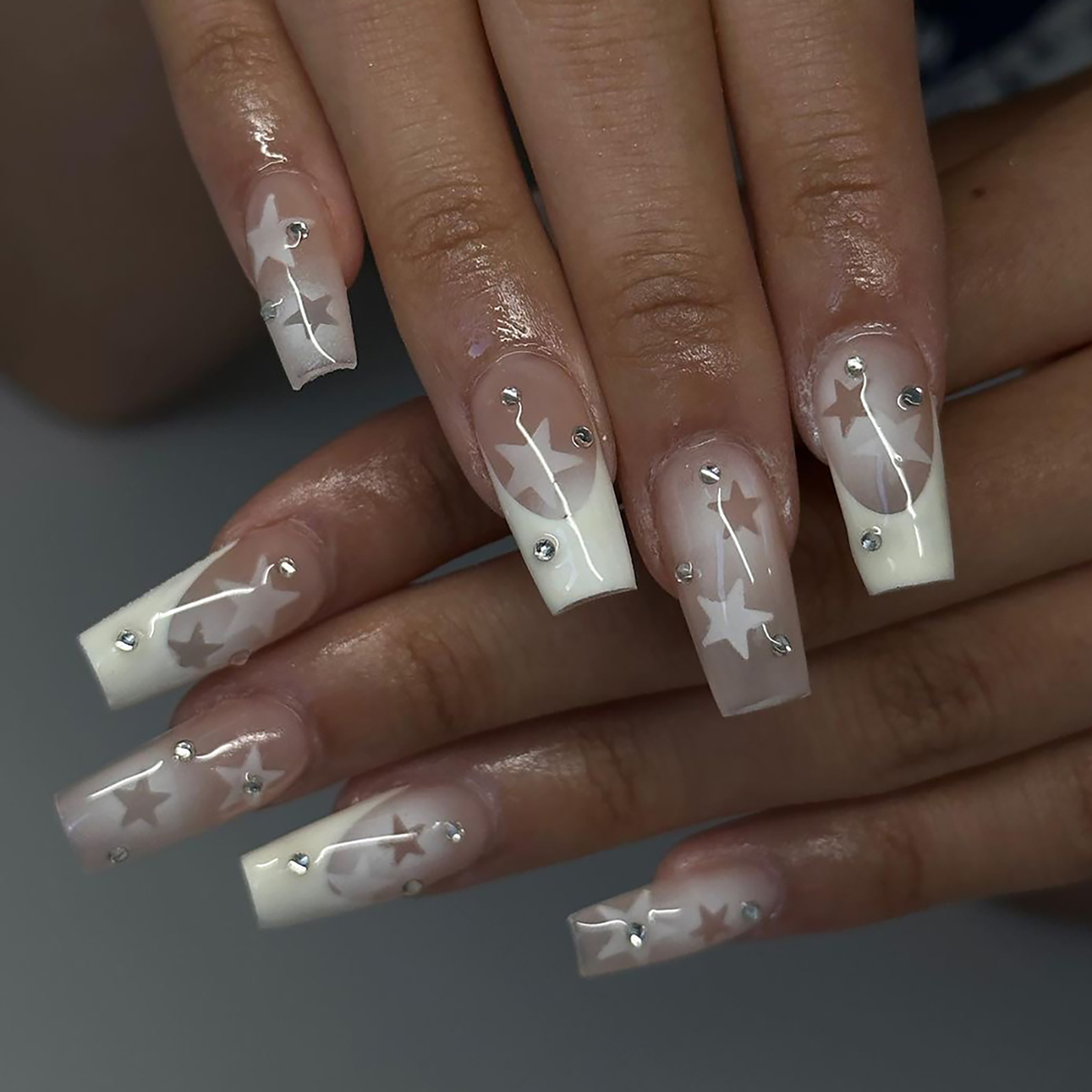Wttao Beach Nails – Long Aurora Stripe Stars Y2K Press On Nails for Summer Vibes  