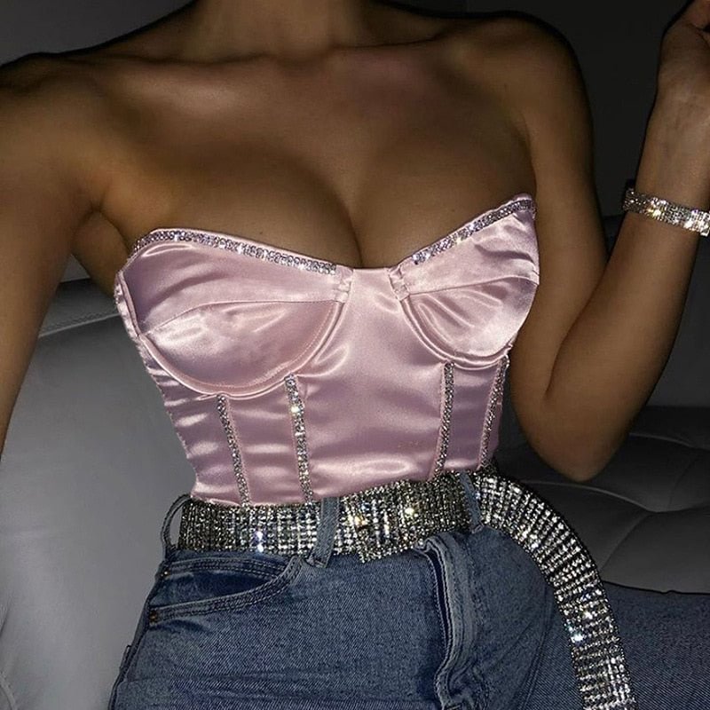 Sexy Women's Diamonds Tube Tops Fashion Strapless Wrapped Chest Club Tops Ladies Bow V-Collar Slim Bright Crystal Sequin Tanks