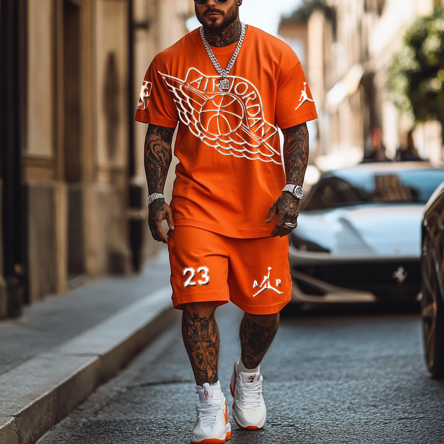  Air Jordan Orange T-Shirt and Shorts Set - Perfect for Casual Wear and Sports Enthusiasts