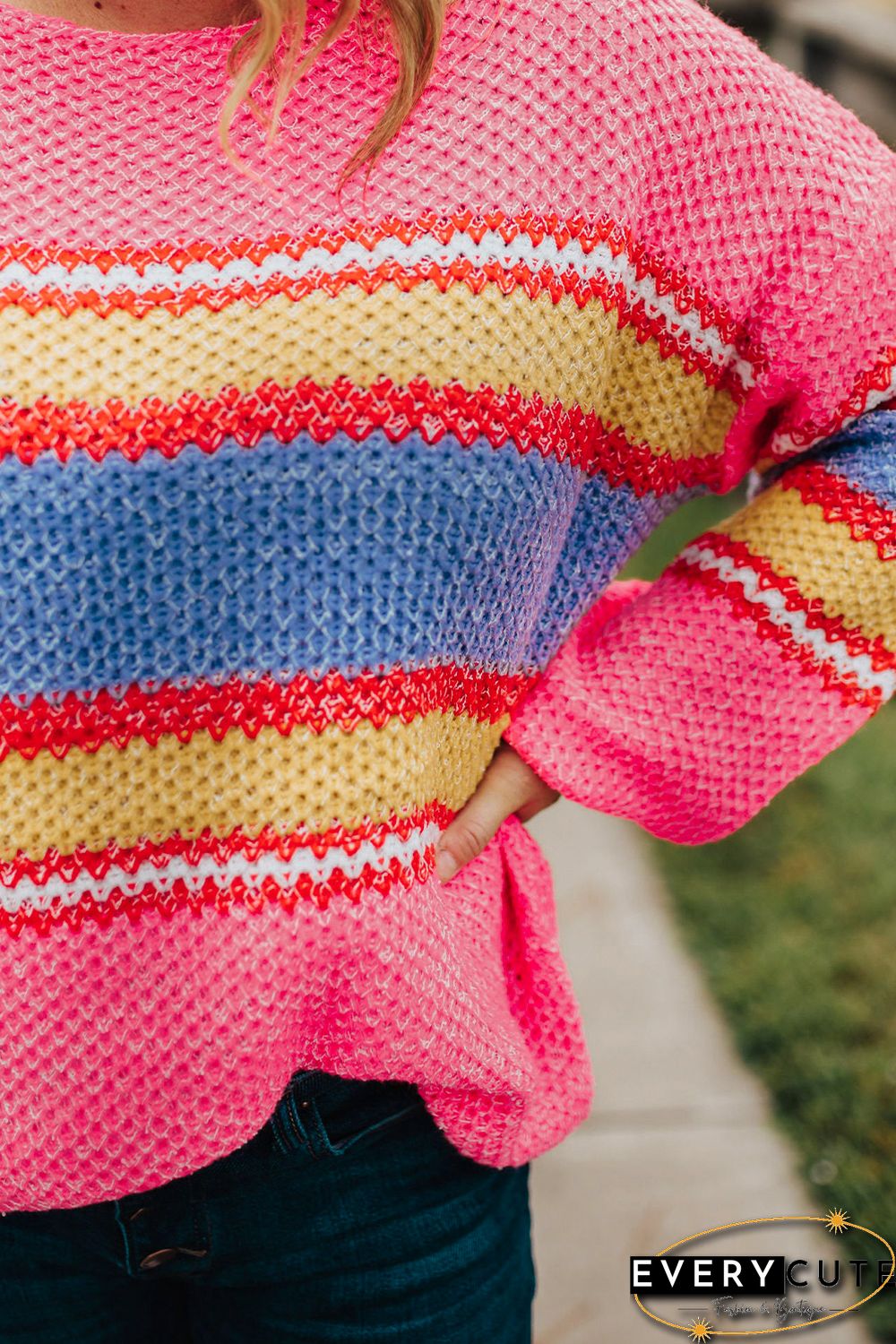 Pink Plus Size Stripe Oversized Sweater