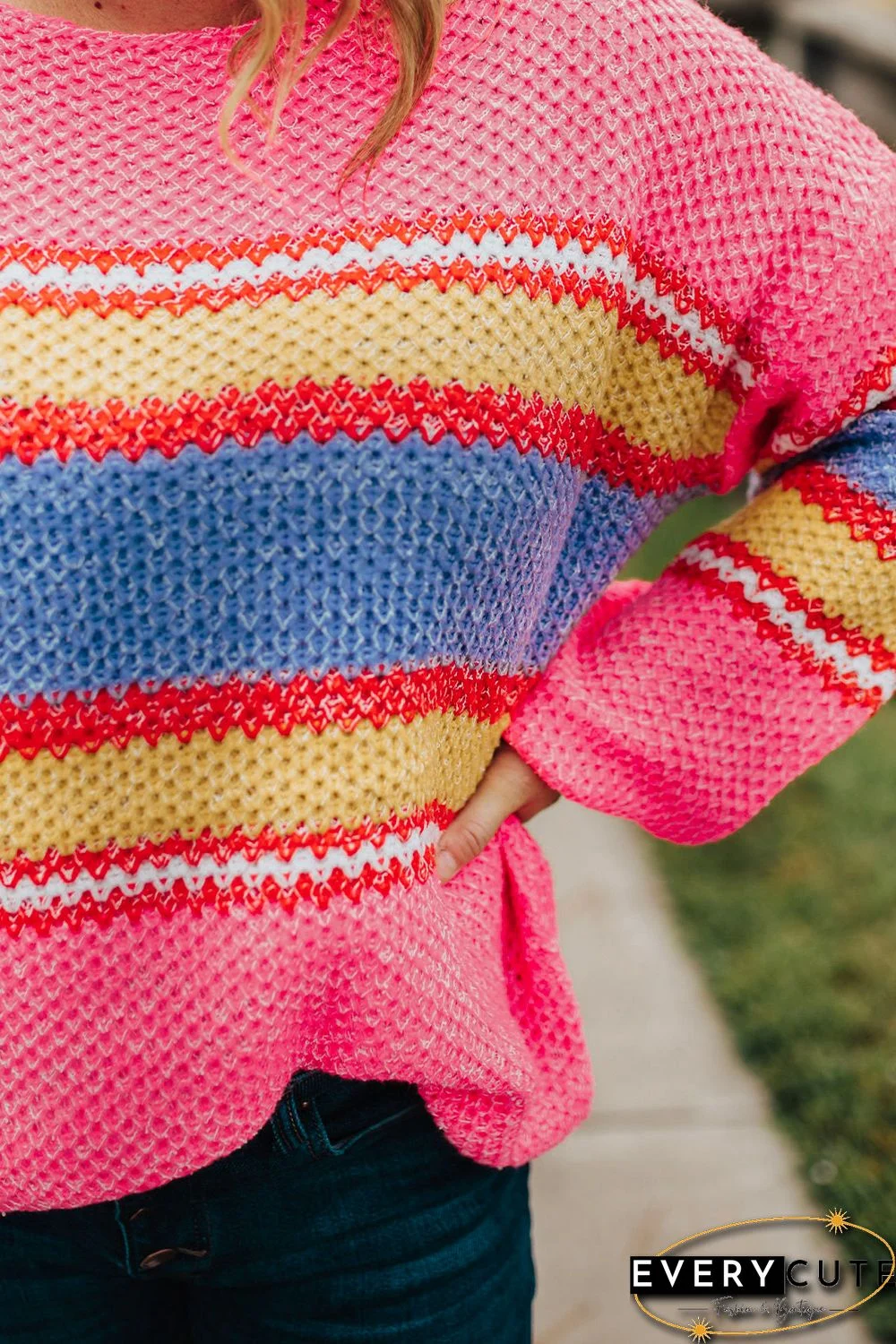 Pink Plus Size Stripe Oversized Sweater