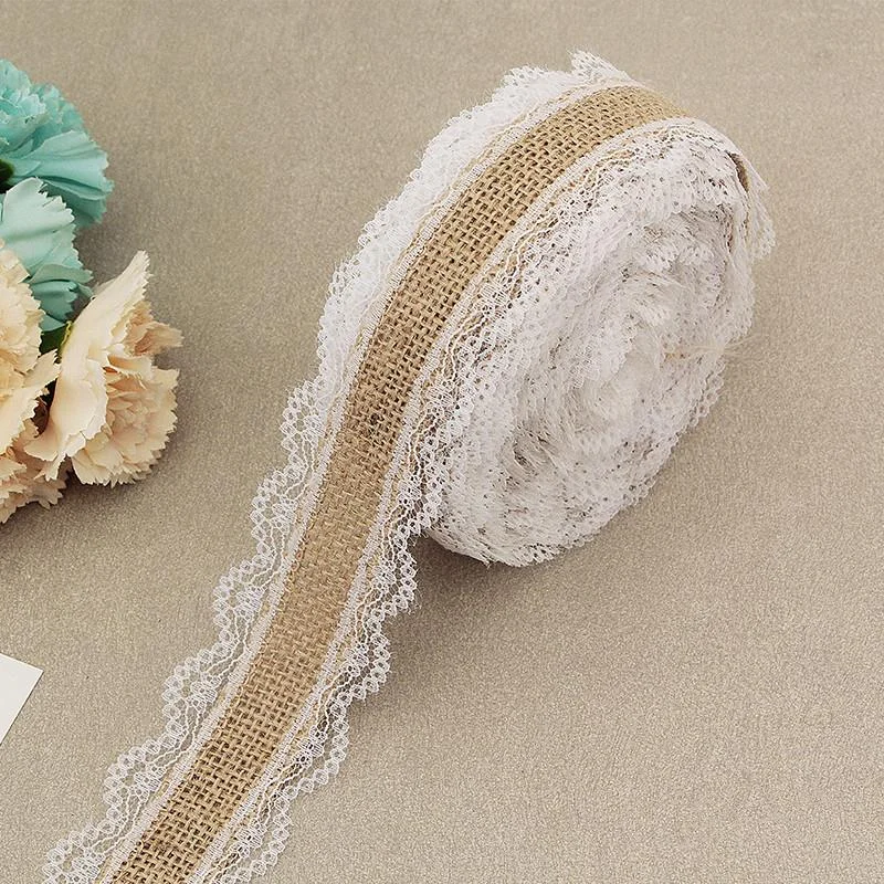 2Meter/Lot 25mm Natural Jute Burlap Hessian Lace Ribbon with White Lace Trim Edge Rustic Vintage Wedding Centerpieces Decor