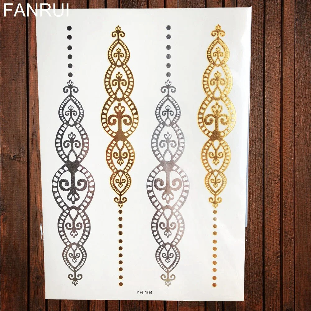 Golden Metallic Bracelet Temporary Tattoo Henna Mandala Flower Girl Tattoo Stickers Indian Chain Women Arm Flash Fake Tatoos Leg