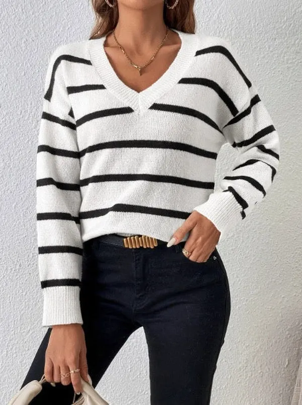Basic V-Neck Striped Sweater