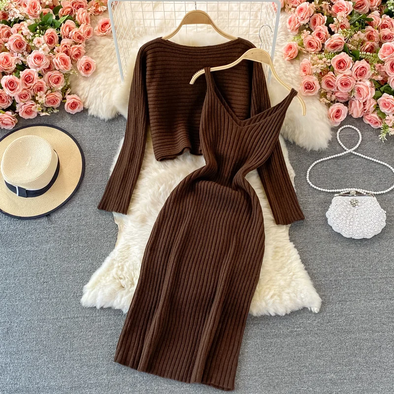 Ueong 2023 Loose Round Collar Slim Short Knit Top Two Suit Slip Vest Dress Slim Dress