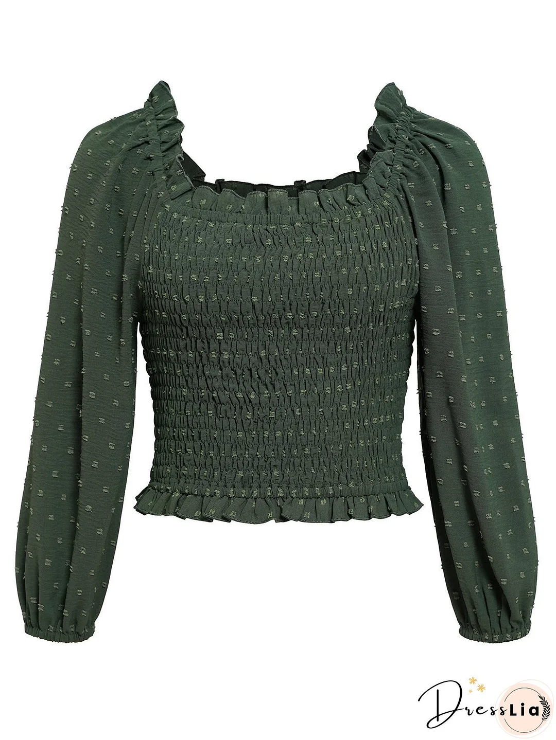 Swiss Dot Smocked Frill Trim Blouse