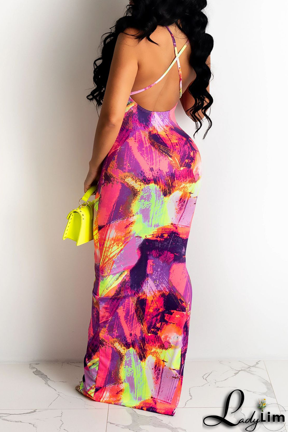 Blue Purple Sexy Print Split Joint Spaghetti Strap Pencil Skirt Dresses