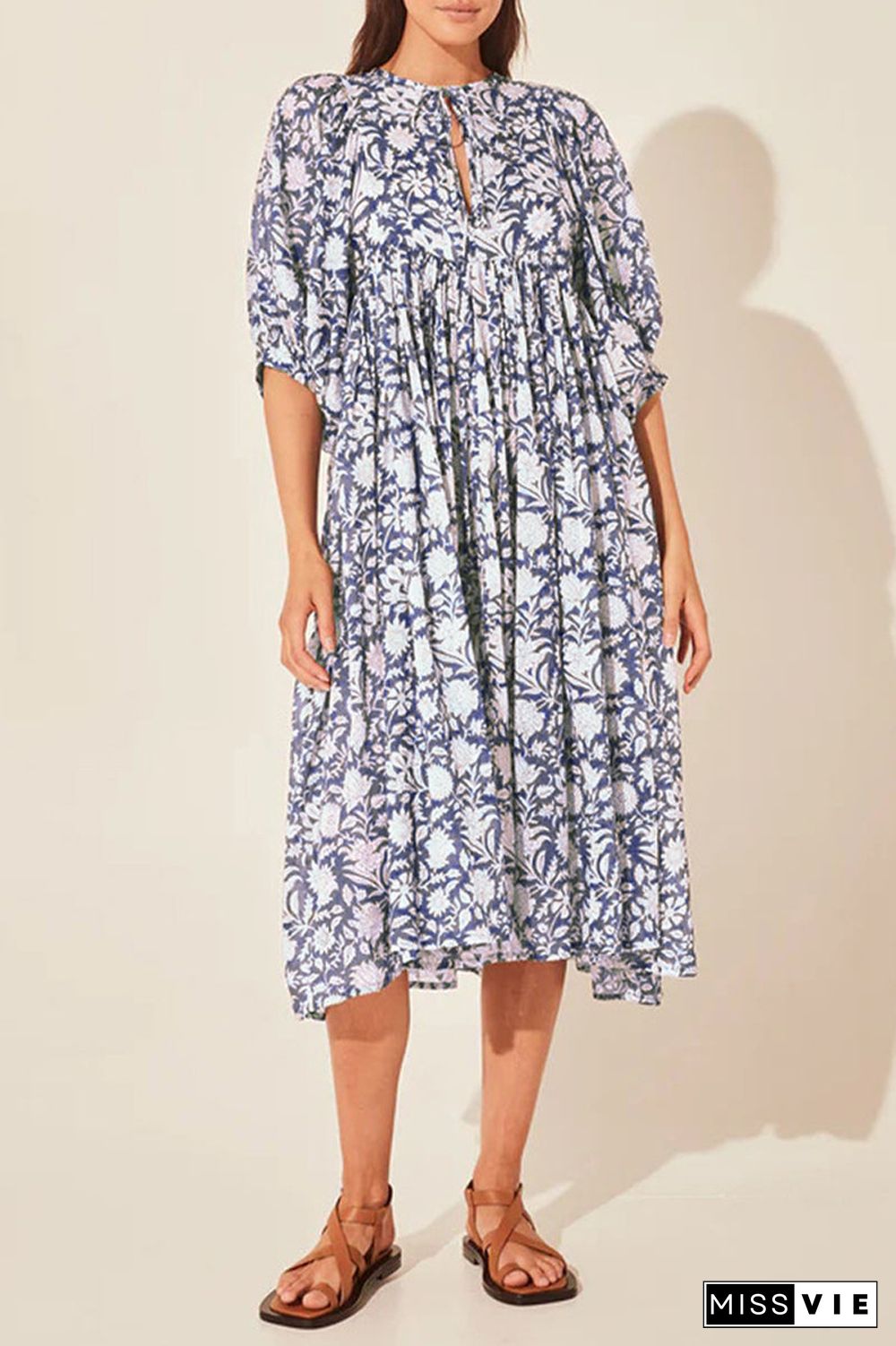 College Vacation Dress Floral Patchwork Frenulum Asymmetrical Collar Beach Dress