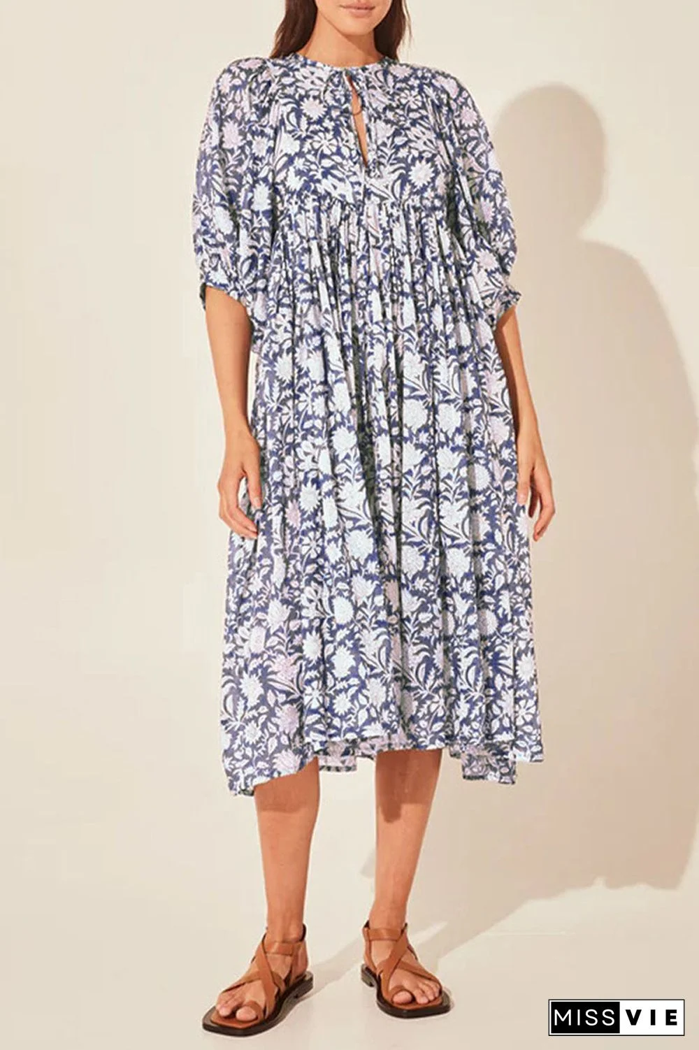 College Vacation Dress Floral Patchwork Frenulum Asymmetrical Collar Beach Dress