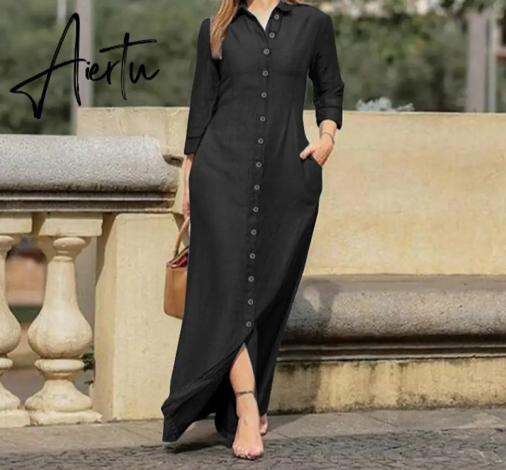 Aiertu  Women Long Sleeve Long Maxi Dress Summer Vintage Checked Plaid Turn Down Neck Shirt Dresses Button Up Party Vestidos Robe Aiertu