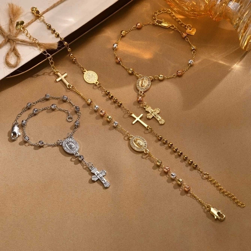 Vintage Style Religion Cross Virgin Mary Copper Zircon 18K Gold Plated Inlay Bracelets