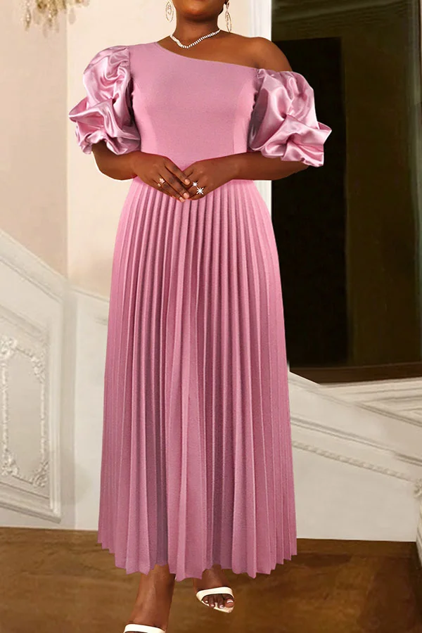 Solid Color Rocking Oblique Collar Pleated Maxi Dress