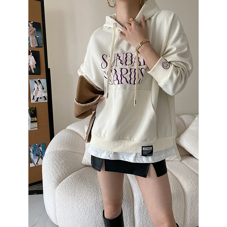 Literary Embroidery Hooded Fake Two-Piece Sweatshirt - yankia