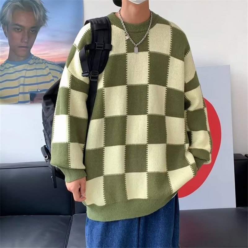 Cartoonh Autumn Plaid Pullover Men O-neck Checkered College Casual Sweater Winter Loose Knitwear Sweaters Male All-match Clothing