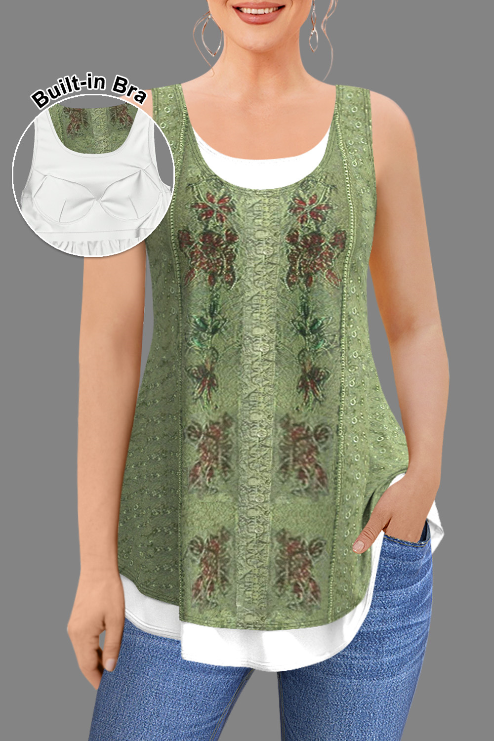 Flycurvy Plus Size Casual Green Tribal Print Patchwork Tank Top With Built In Bra 2024 - Flycurvy 