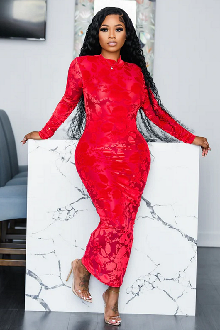 Long Sleeve Elegant Floral Jacquard Bodycon Formal Party Velvet Maxi Dresses-Red
