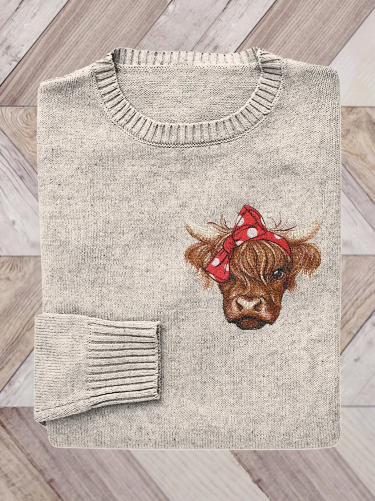 VChics Bow Cow Embroidery Pattern Cozy Sweater