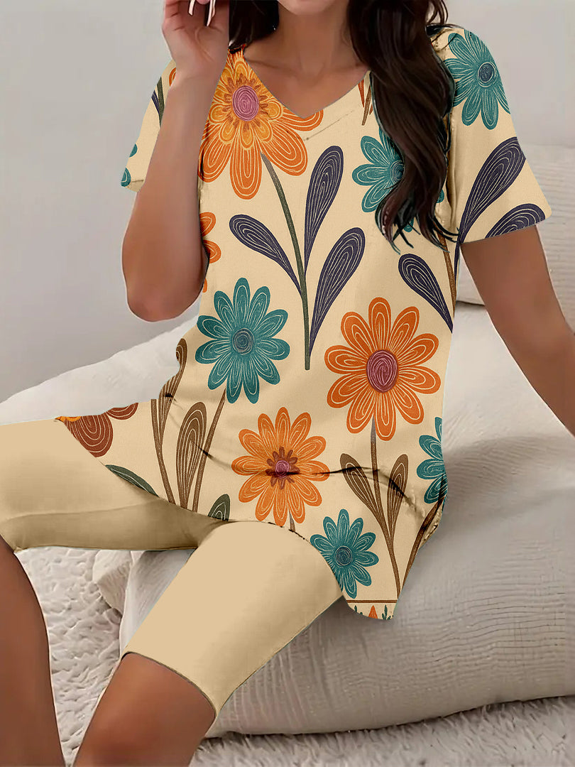 Women Long Sleeve V-neck Graphic Floral Printed Top