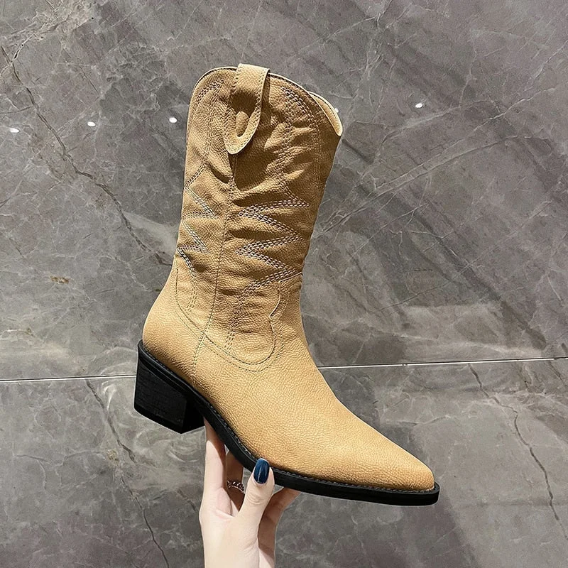 Flat Platform Cowboy Boots Women Shoes Autumn Winter Fur Leather Boots Fashion Round Toe High heels Ladies Shoes