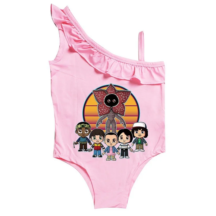 Mayoulove Stranger Things Print Little Girls One Piece Ruffle Shoulder Swimwear-Mayoulove