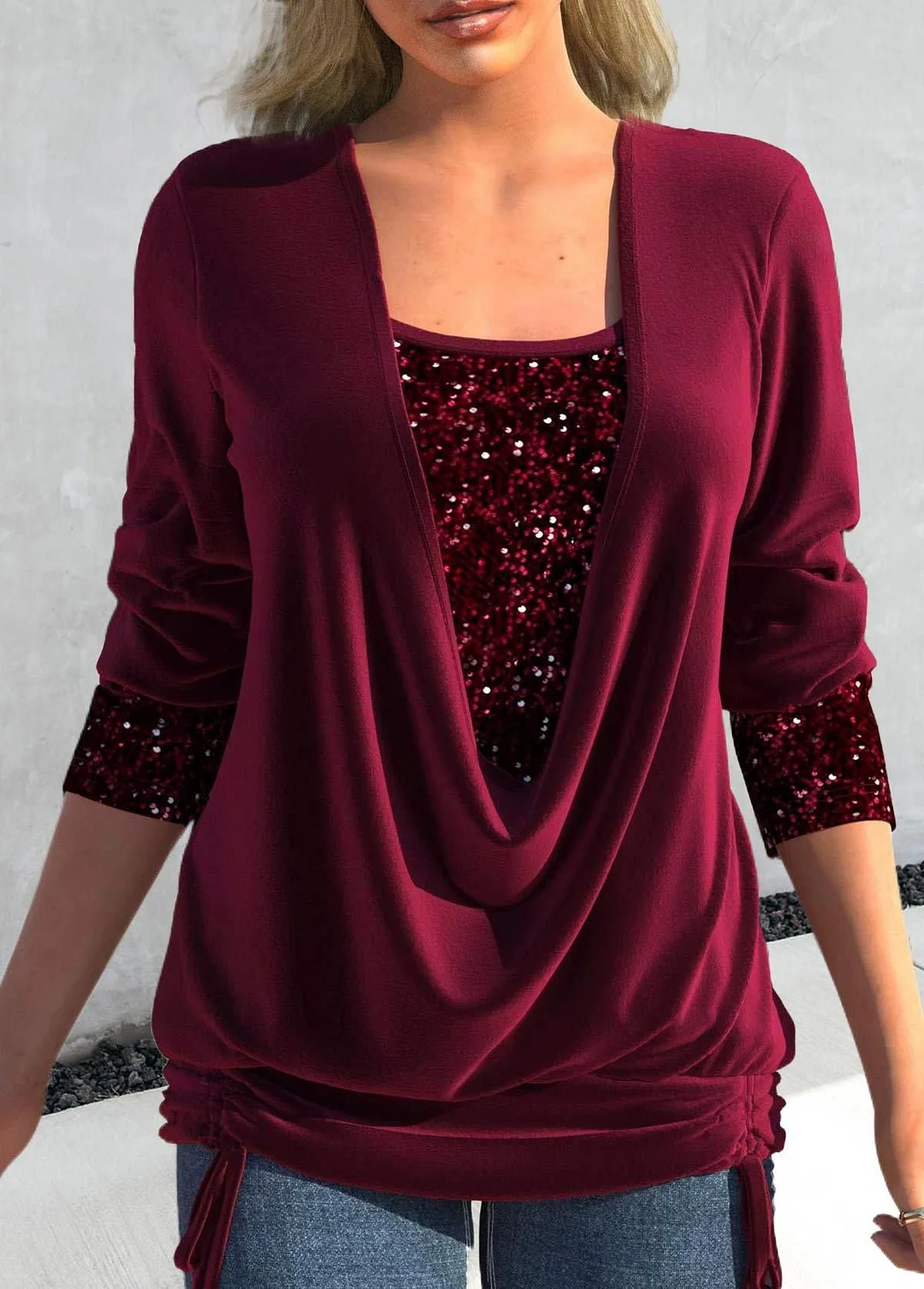 Brownm Sequin Contrast Solid Color Long-sleeved Large Drop Collar Blouses