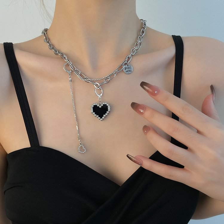 Black Heart Double Layer Zirconium Necklace KERENTILA
