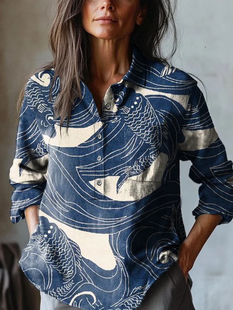 Women's Ocean Fish Art Print Casual Cotton and Linen Shirt