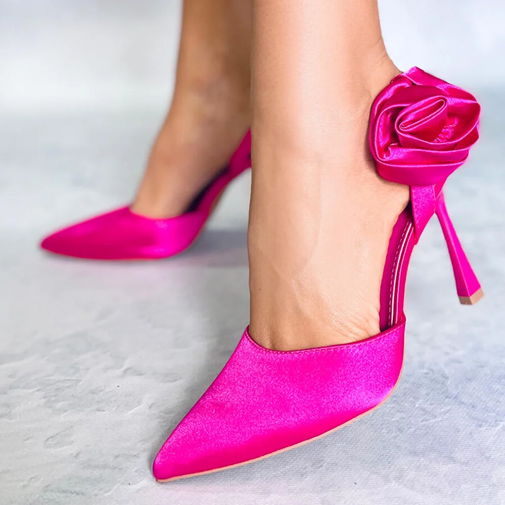 Pink Satin Closed Pointed Toe Slingback Rose Pumps With Stiletto Heels Nicepairs