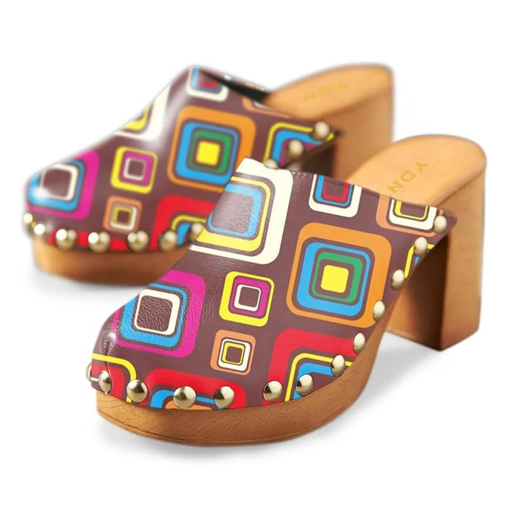 Multicolor Round Toe Platform Ddecorative Studded High Heel Mules