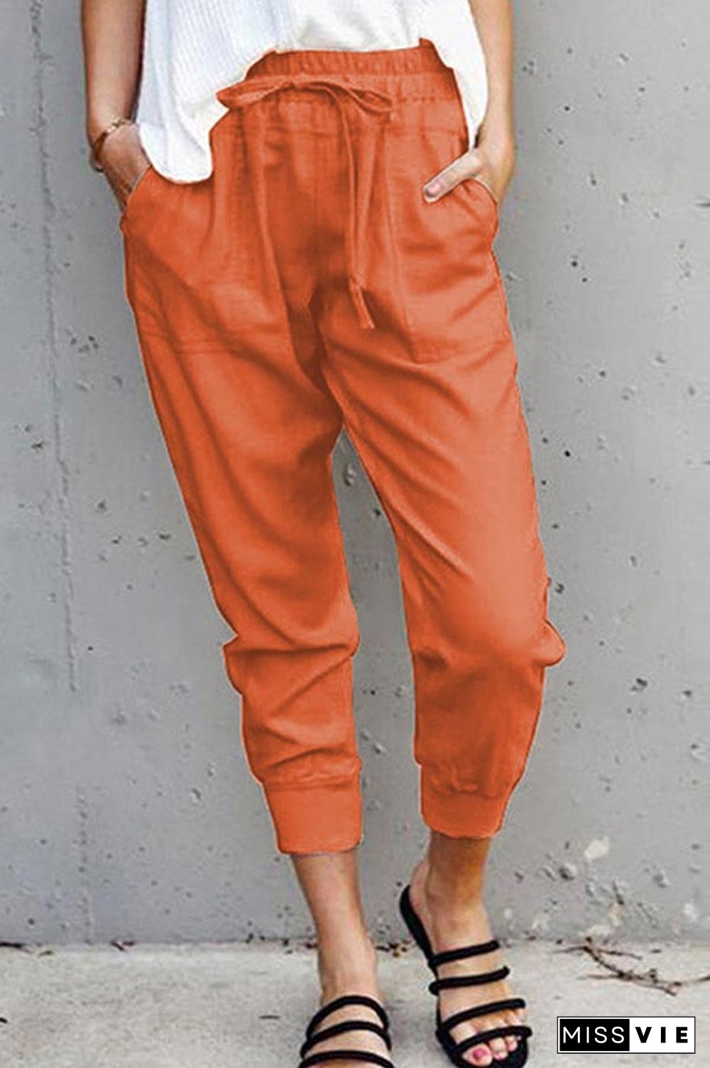 Casual Solid Lace-up Slim Cropped Trousers