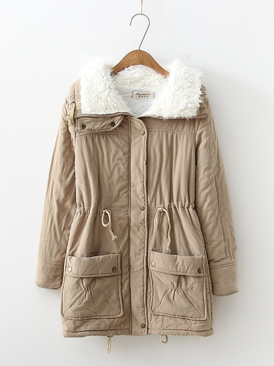 Women's Thick Solid Color Hooded Parka Cotton Coat-1011-03