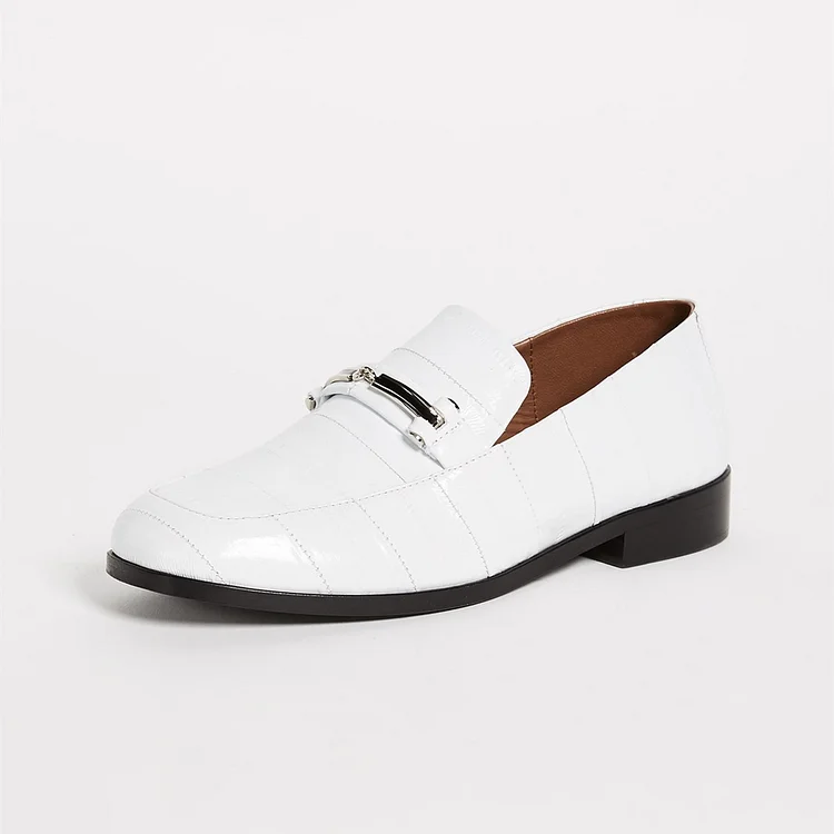 White Joint Chunky Heel Metal Loafers for Women |FSJ Shoes