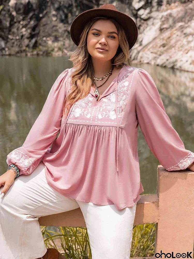 Plus Size Tie Neck Puff Sleeve Blouse