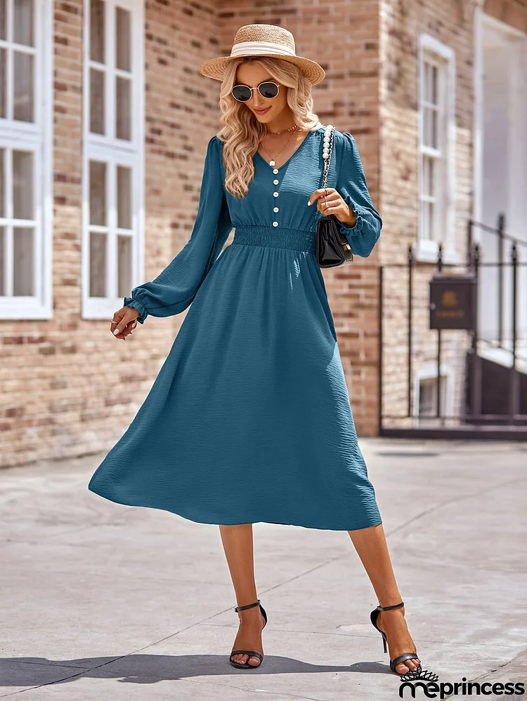 Buttoned V-Neck Flounce Sleeve Midi Dress