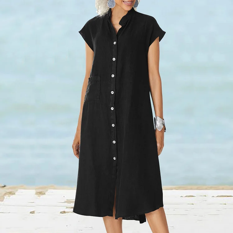 Summer Cotton Linen Casual Button Cardigan Retro Stand Collar Pocket Shirt Dress