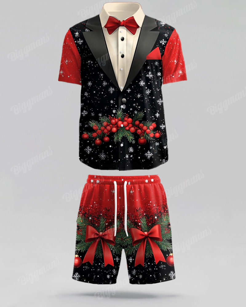 Big Men's Christmas Color Bow Suit Cosplay Printed Short Sleeve Shirt Shorts Set