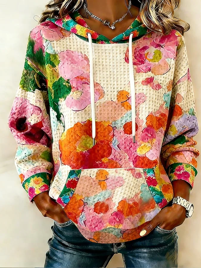 Women's Winter Retro Floral Print Waffle Knit Hooded Top 
