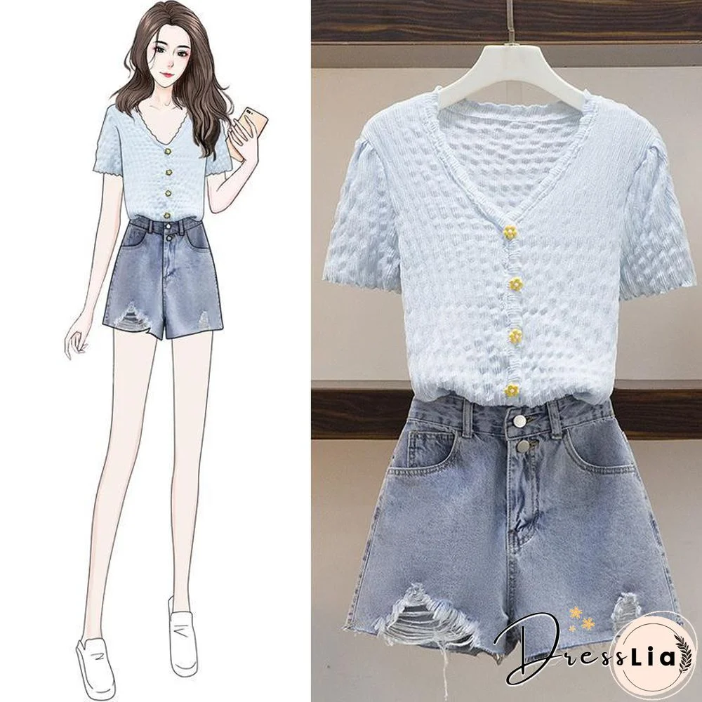 Sweet V-Collar Tee+Denim Shorts P15836