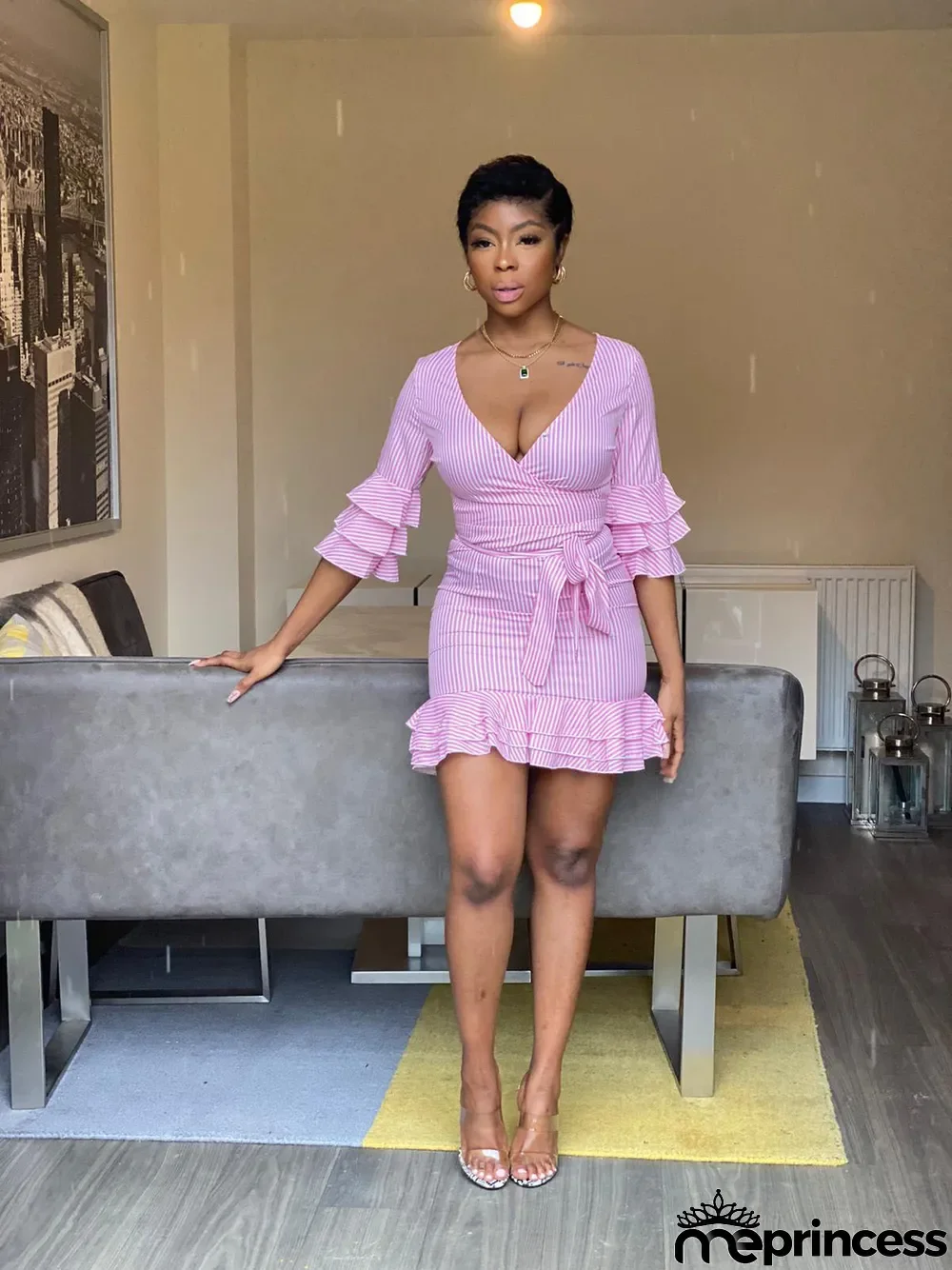 Women's Spring Summer Stripes Print V-Neck Ruffled Layer Casual Dress