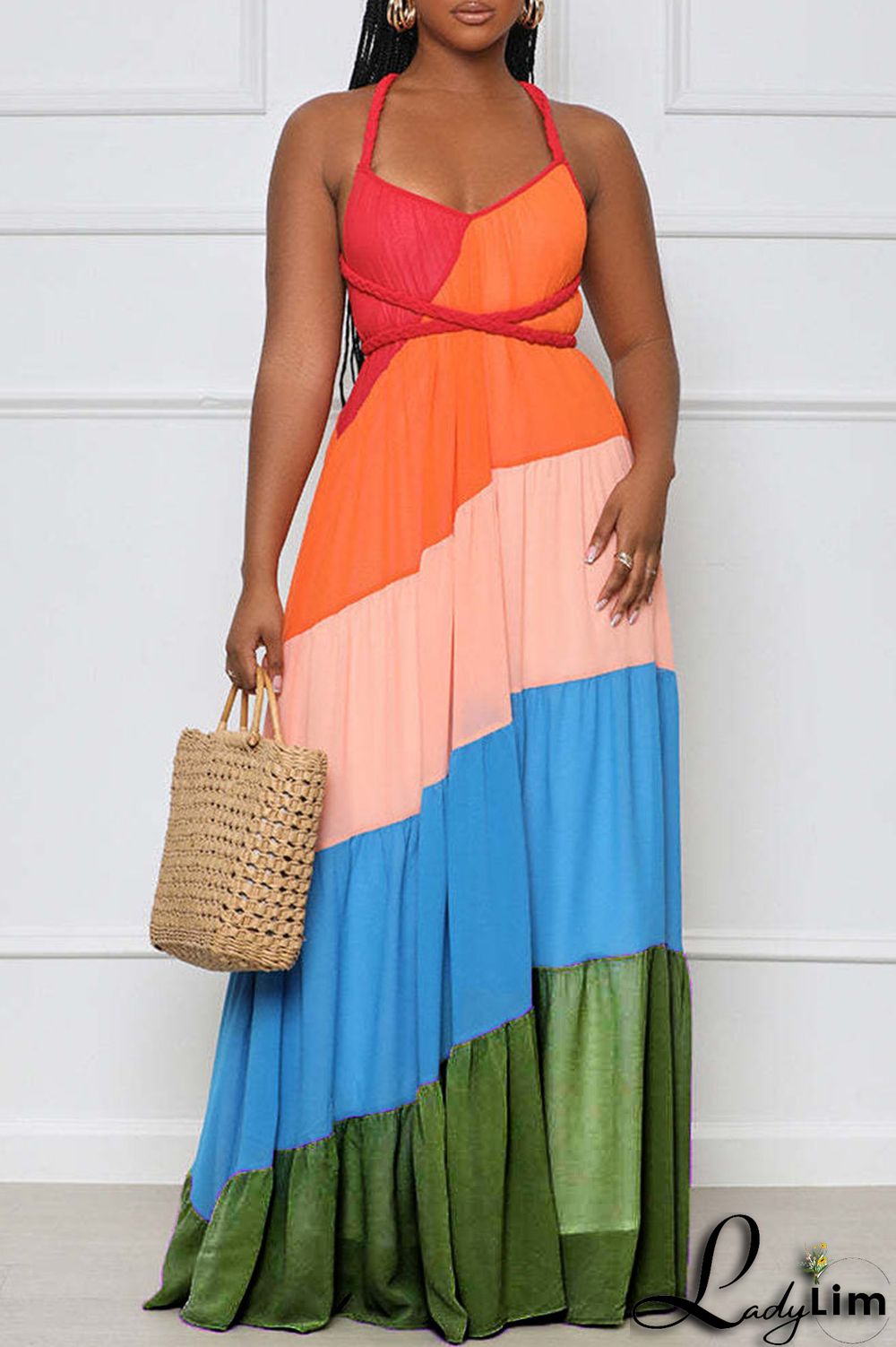 Orange Sexy Print Patchwork Backless Straight Dresses