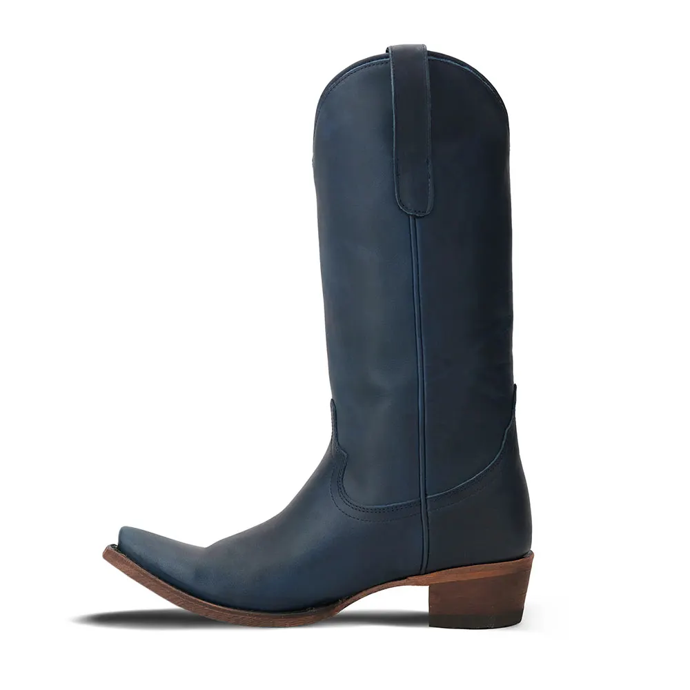 Snip Toe Chunky Heel Pull Tab Classic Western Boots for Women in Navy