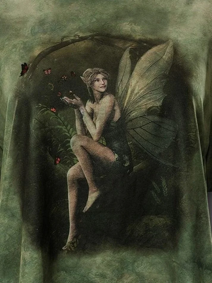 Brownm Tie Dye Grunge Fairy Print Tee