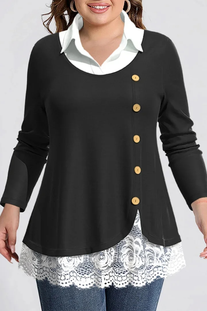 Flycurvy Plus Size Casual Red Lace Stitching Single Breasted Shirt Collar Blouse 2024 - Flycurvy 