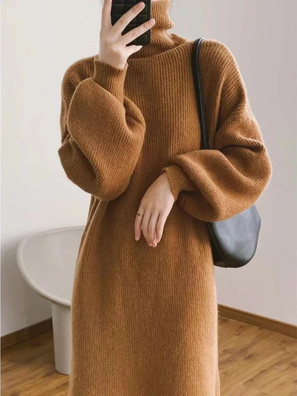 Casual Roomy Puff Sleeves Pure Color High-Neck Sweater Dresses